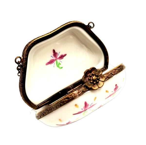 Pink Flowers on White w Special Antiqued Brass One of a Kind Hand Painted Porcelain Limoges Trinket Box
