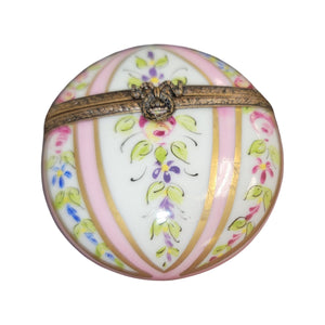 Pink Gold w Flowers Flat Round Pill Porcelain Limoges Trinket Box