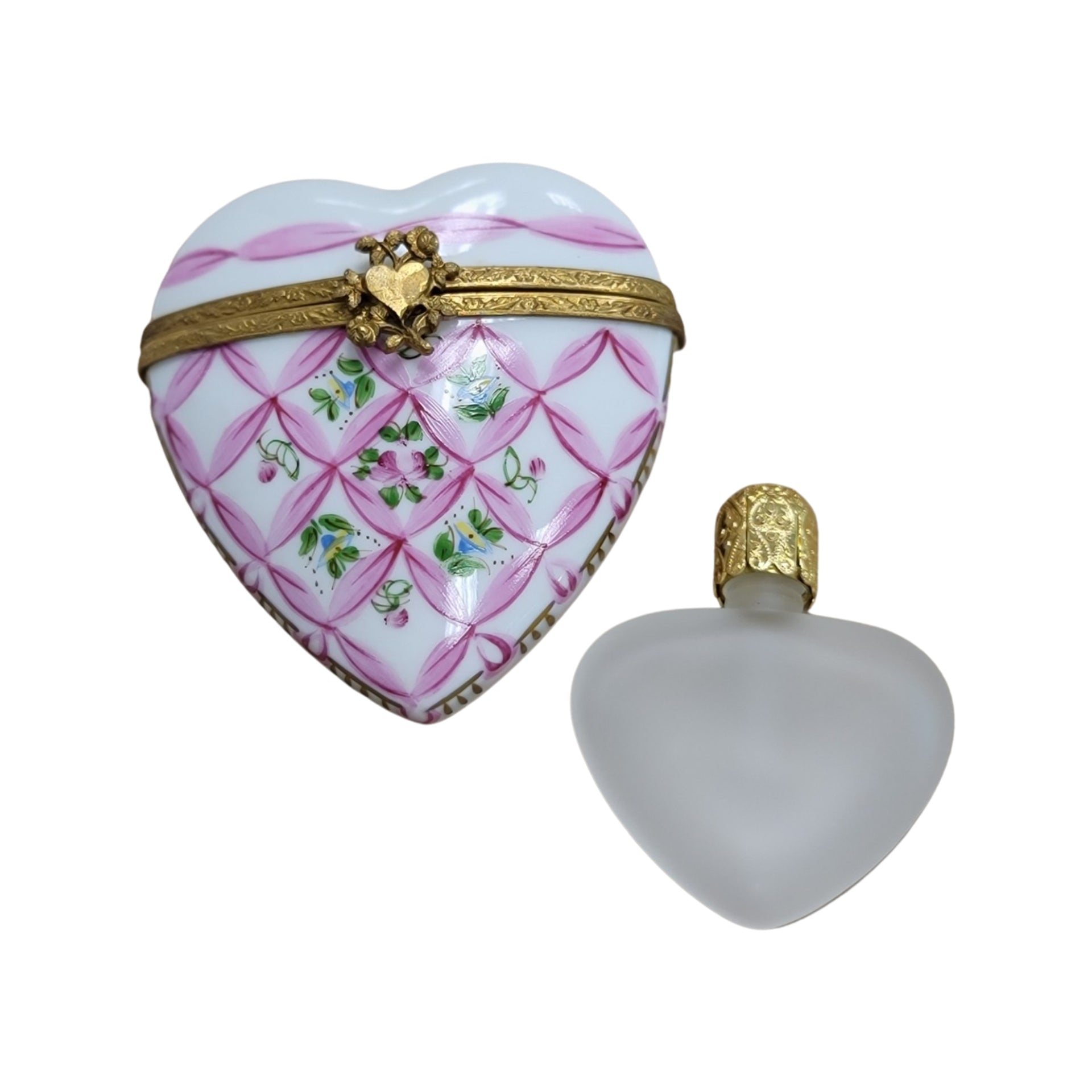 Pink Heart Perfume Bottle Porcelain Limoges Trinket Box