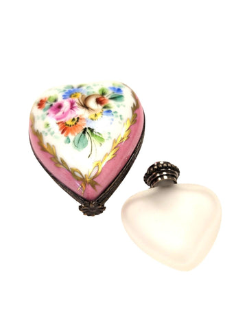 Pink Heart Perfume Bottle inside Porcelain Limoges Trinket Box