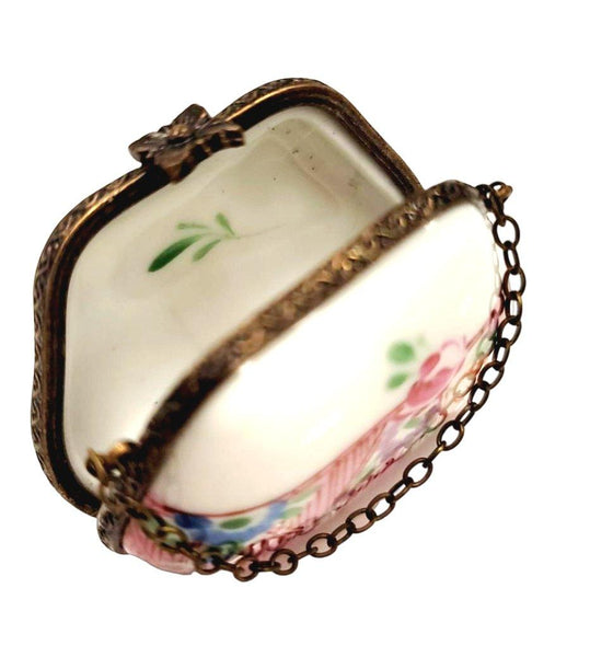 Pink Purse Flowers w Special Antiqued Brass One of a Kind Hand Painted Porcelain Limoges Trinket Box