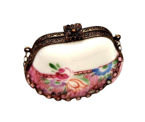 Pink Purse Flowers w Special Antiqued Brass One of a Kind Hand Painted Porcelain Limoges Trinket Box