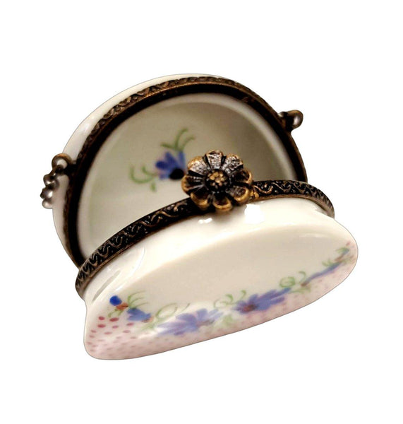 Pink Purse w Blue Flowers w Special Antiqued Brass One of a Kind Hand Painted Porcelain Limoges Trinket Box