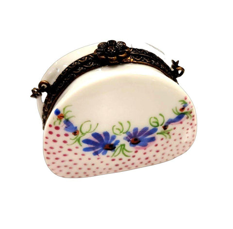 Pink Purse w Blue Flowers w Special Antiqued Brass One of a Kind Hand Painted Porcelain Limoges Trinket Box