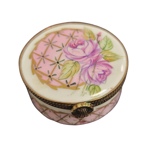 Pink Roses Round Pill Porcelain Limoges Trinket Box