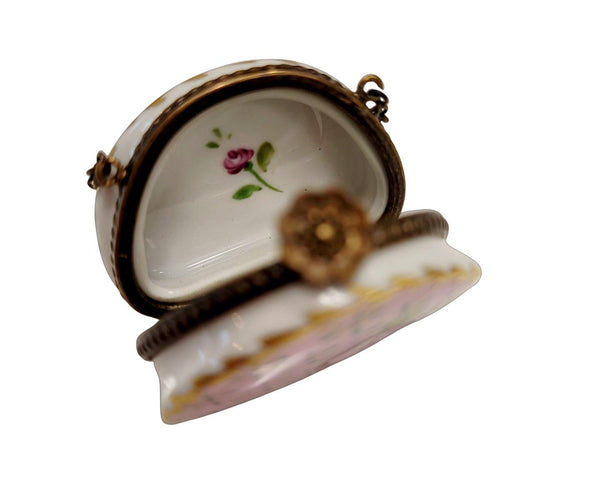 Pink w Blue Gold Purse Roses w Special Antiqued Brass One of a Kind Hand Painted Porcelain Limoges Trinket Box