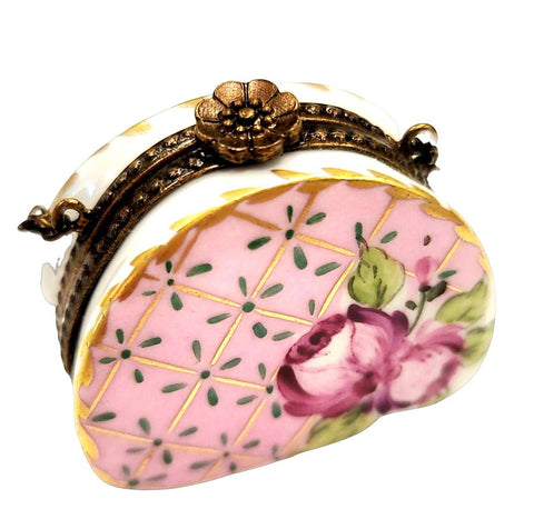 Pink w Blue Gold Purse Roses w Special Antiqued Brass One of a Kind Hand Painted Porcelain Limoges Trinket Box