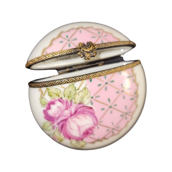 Pink w Roses Flat Round Pill Porcelain Limoges Trinket Box