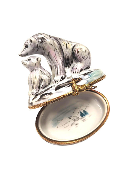 Polar Bear and Cub Well Detailed Porcelain Limoges Trinket Box