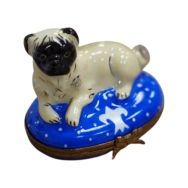 Pug Dog on Blue Porcelain Limoges Trinket Box