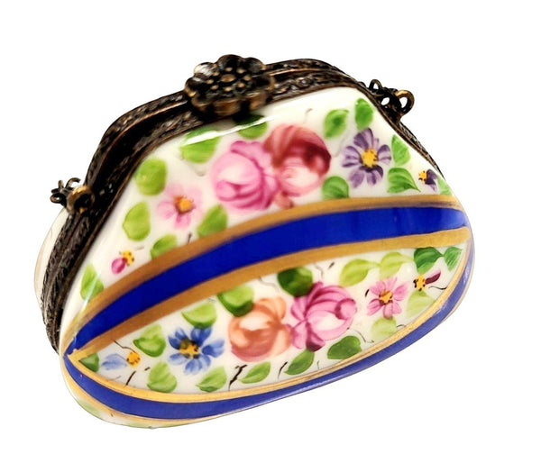 Purse Blue and Flower w Special Antiqued Brass One of a Kind Hand Painted Porcelain Limoges Trinket Box