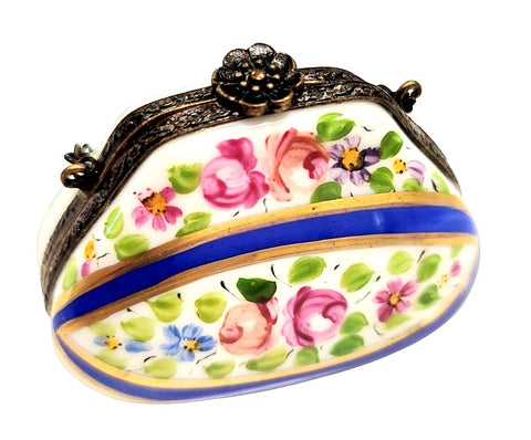 Purse Blue and Flower w Special Antiqued Brass One of a Kind Hand Painted Porcelain Limoges Trinket Box