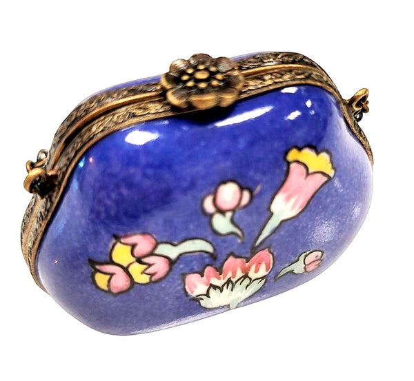 Purse Electric Blue Deco Flower w Special Antiqued Brass One of a Kind Hand Painted Porcelain Limoges Trinket Box