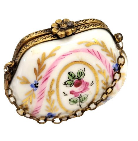 Purse Gold Pink Flowers w Special Antiqued Brass One of a Kind Hand Painted Porcelain Limoges Trinket Box