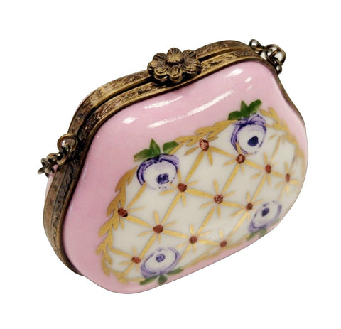 Purse Gold Pink Purple Flowers w Special Antiqued Brass One of a Kind Hand Painted Porcelain Limoges Trinket Box