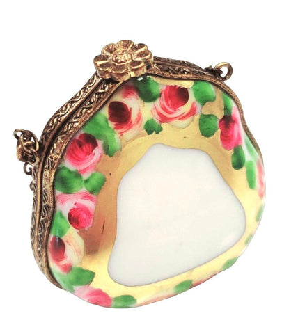 Purse Gold Roses w Special Antiqued Brass One of a Kind Hand Painted Porcelain Limoges Trinket Box
