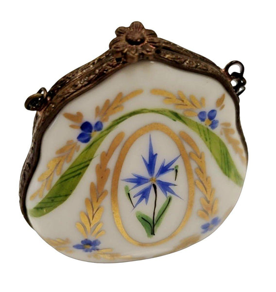Purse Golf Green Flower w Special Antiqued Brass One of a Kind Hand Painted Porcelain Limoges Trinket Box