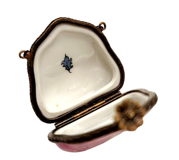 Purse Hot Pink Dec Flower w Special Antiqued Brass One of a Kind Hand Painted Porcelain Limoges Trinket Box