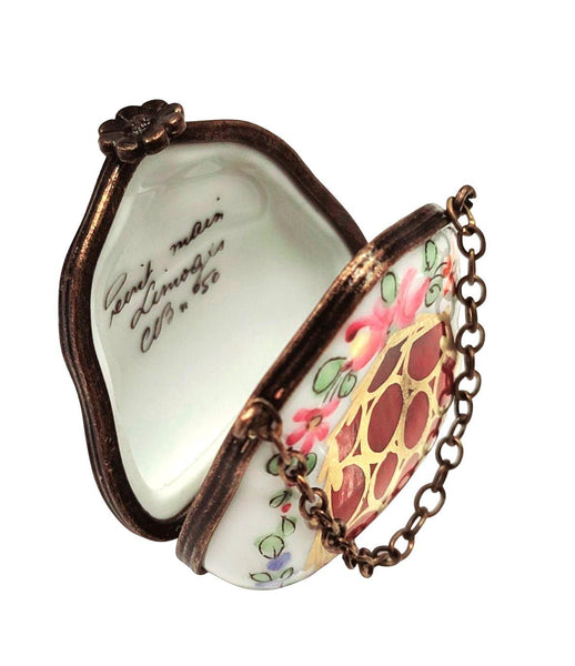 Purse Maroon Gold Flowers w Special Antiqued Brass One of a Kind Hand Painted Porcelain Limoges Trinket Box
