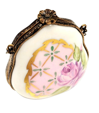 Purse Pink Rose w Special Antiqued Brass One of a Kind Hand Painted Porcelain Limoges Trinket Box
