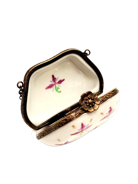 Purse Purple Green Flowers w Special Antiqued Brass One of a Kind Hand Painted Porcelain Limoges Trinket Box