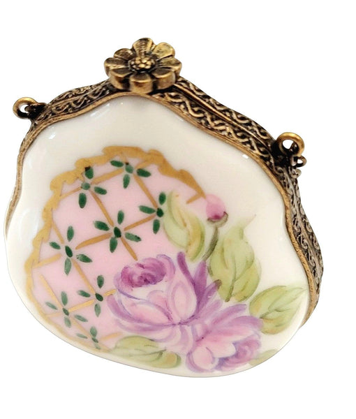 Purse Rose on Pink w Special Antiqued Brass One of a Kind Hand Painted Porcelain Limoges Trinket Box