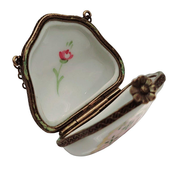 Purse Rose on Pink w Special Antiqued Brass One of a Kind Hand Painted Porcelain Limoges Trinket Box