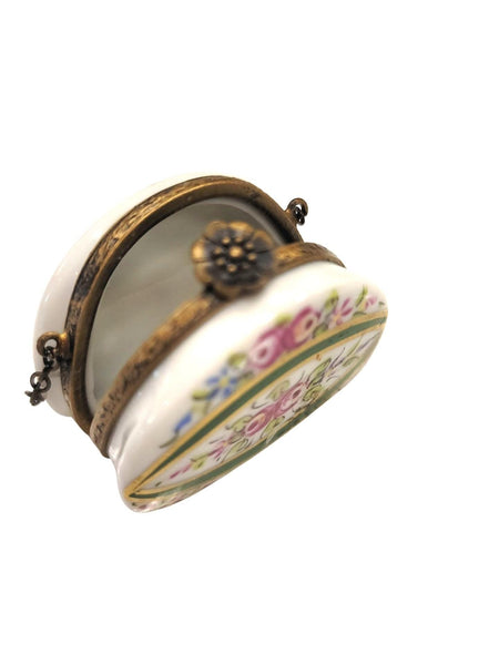 Purse w Flowers and Green Line Antiqued Brass One of a Kind Hand Painted Porcelain Limoges Trinket Box