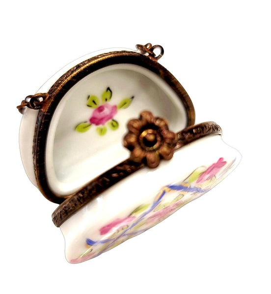 Purse w Roses and Blue w Special Antiqued Brass One of a Kind Hand Painted Porcelain Limoges Trinket Box