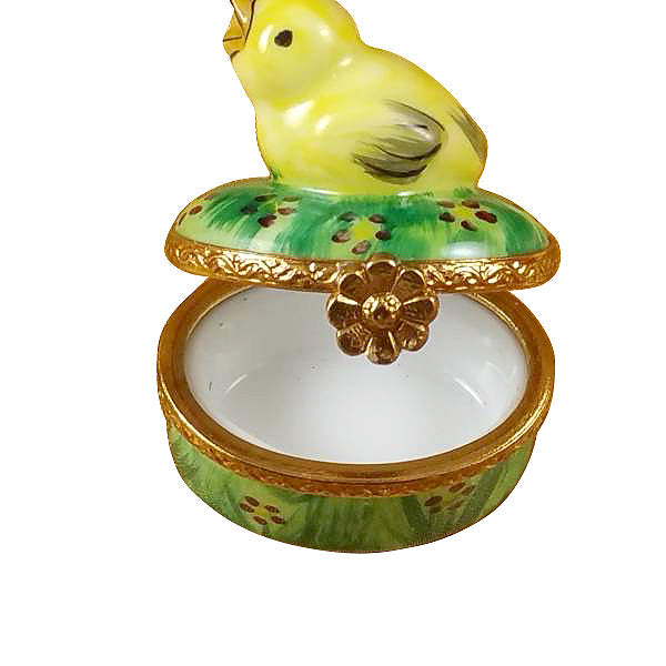 Small Chick on Green Base Limoges Porcelain Box