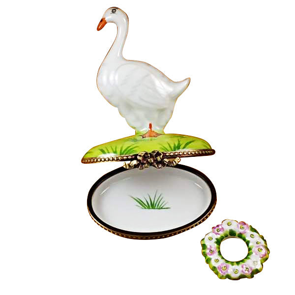 Goose with Spring and Christmas Wreaths Limoges Porcelain Box