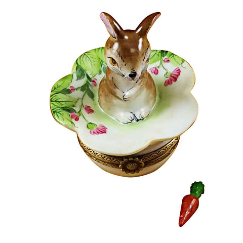 Brown Bunny on Leaf with Removable Carrot Limoges Box Limoges Porcelain Box