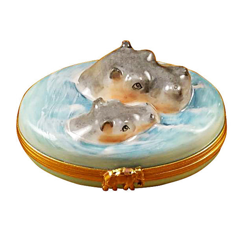 Hippo with Baby in Water Limoges Box Limoges Porcelain Box