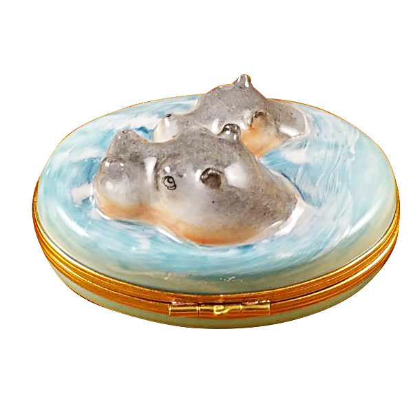 Hippo with Baby in Water Limoges Porcelain Box