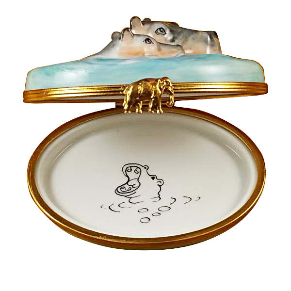 Hippo with Baby in Water Limoges Porcelain Box