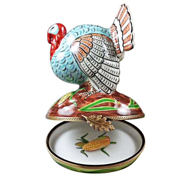 Large Turkey with Removable Ear of Corn Limoges Porcelain Box