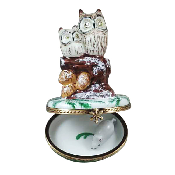 Two Owls with Snow Mouse Limoges Porcelain Box