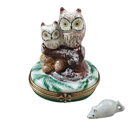 Two Owls with Snow Mouse Limoges Box Limoges Porcelain Box