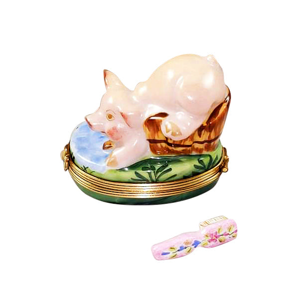 Pig Bath and Removable Brush Limoges Porcelain Box
