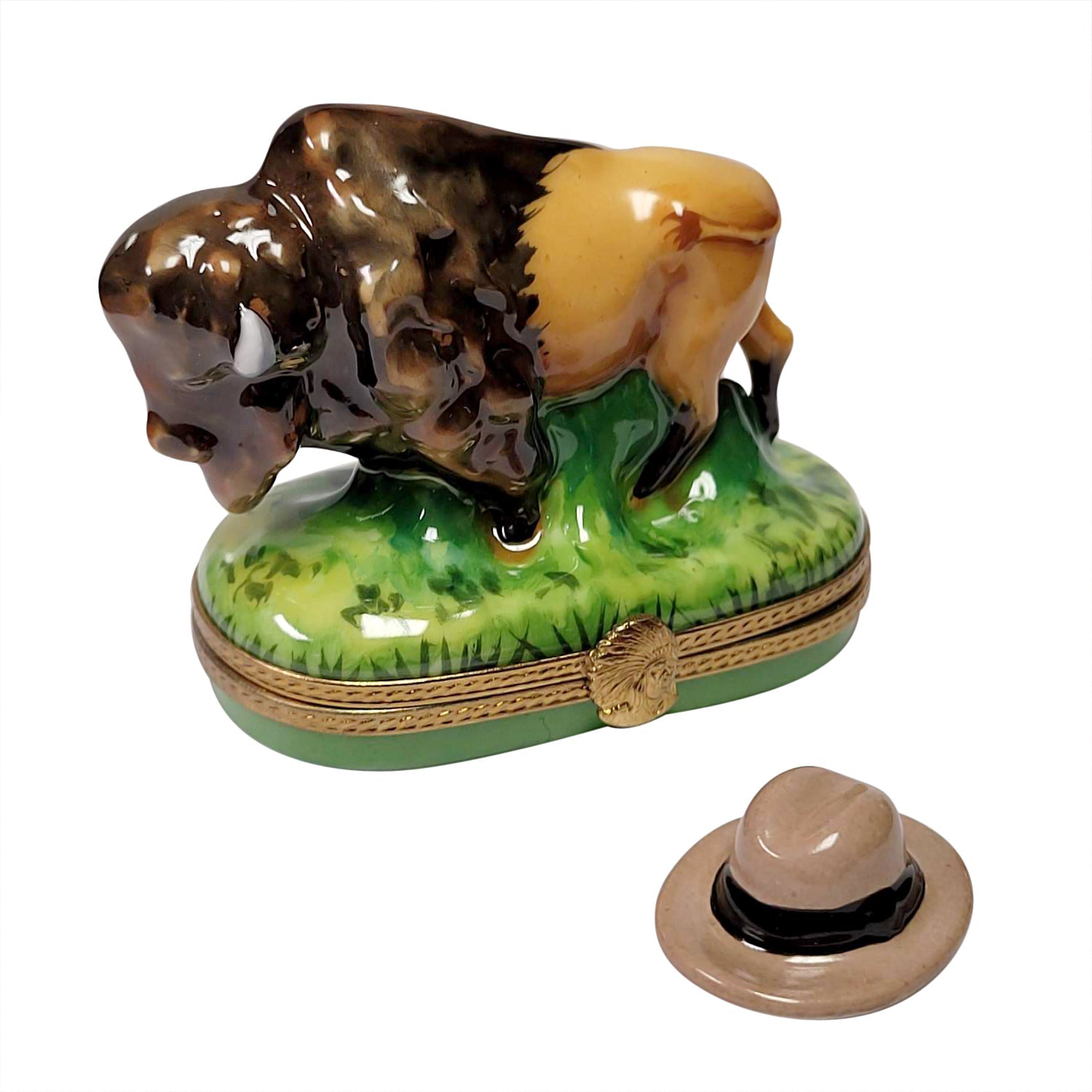 Standing Buffalo with Removable Cowboy Hat Limoges Porcelain Box