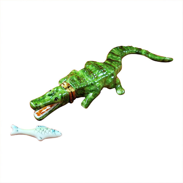 Green Crocodile with a Removable Fish Limoges Porcelain Box