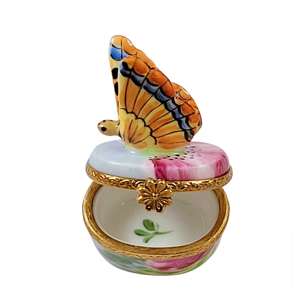 Monarch Butterfly with Brass Flower Limoges Porcelain Box