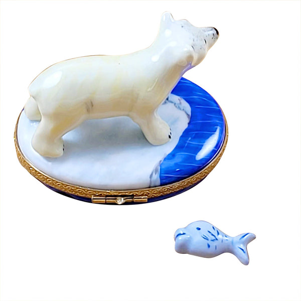 Polar Bear with Fish Limoges Porcelain Box