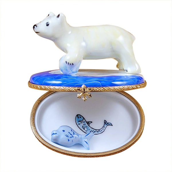 Polar Bear with Fish Limoges Porcelain Box