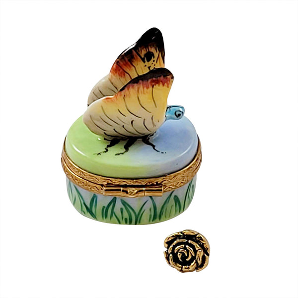 Butterfly with Removablle Brass Flower Limoges Porcelain Box