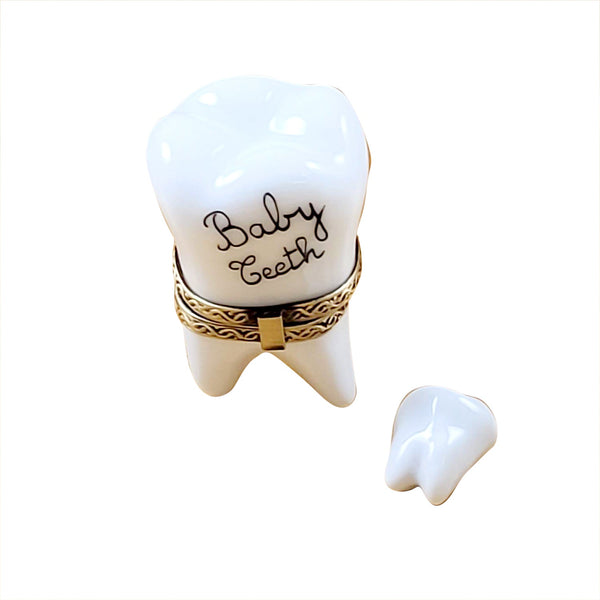 Large White Baby Tooth with Removable Tooth Limoges Porcelain Box