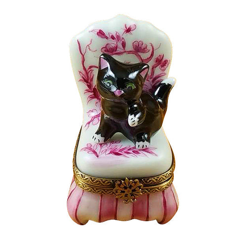 Black Cat on Toile Chair Limoges Porcelain Box