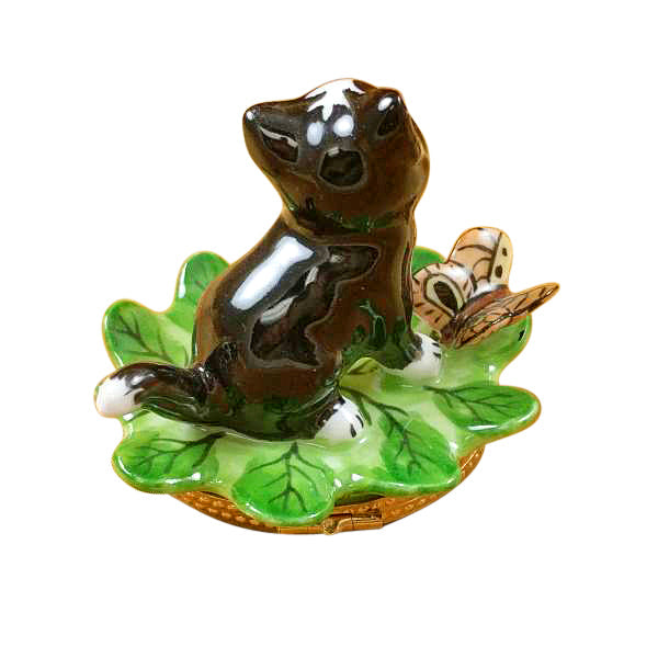 Cat on Leaf with Ladybug and Butterfly Limoges Porcelain Box
