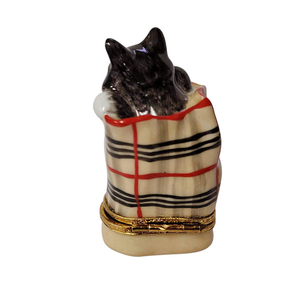 Cat In Berberry Bag with a Ball Of Yarn Limoges Porcelain Box
