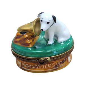 RCA Dog w Victrola record player Porcelain Limoges Trinket Box